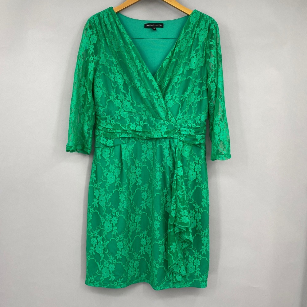 Chris McLaughlin Lace Sheath Dress Womens 14P Green Floral Wrap V-Neck Cocktail
